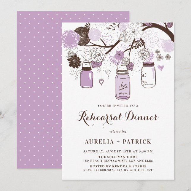Lilac Purple Mason Jars Rehearsal Dinner Invitation (Front/Back)