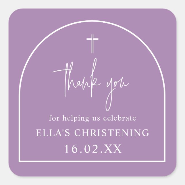 Lilac Purple Modern Arch Minimalist Christening Square Sticker (Front)