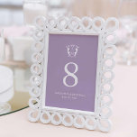Lilac Purple Monogram Wedding Table Number Cards<br><div class="desc">This elegant wedding table number card features a monogram crest with the bride and groom's initials, names and wedding date in white over a lilac purple background. Use the template fields to add your custom details. Click on "Edit using design tool" to change the colours and fonts. To see more...</div>
