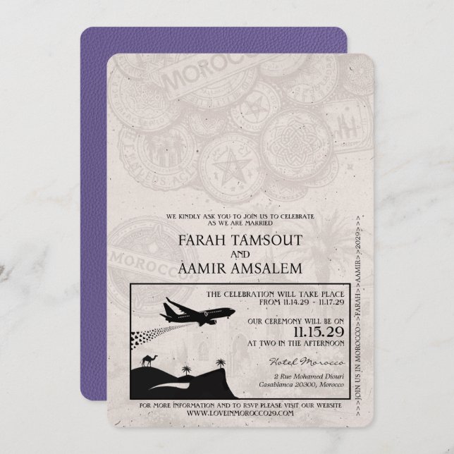 Lilac Purple Morocco Passport Wedding Invitation (Front/Back)