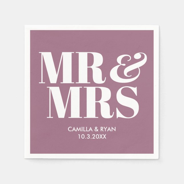 Lilac Purple Mr & Mrs Personalised Wedding Napkins (Front)
