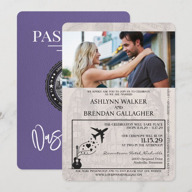 Lilac Purple Nashville Passport Wedding Invitation (Front/Back)