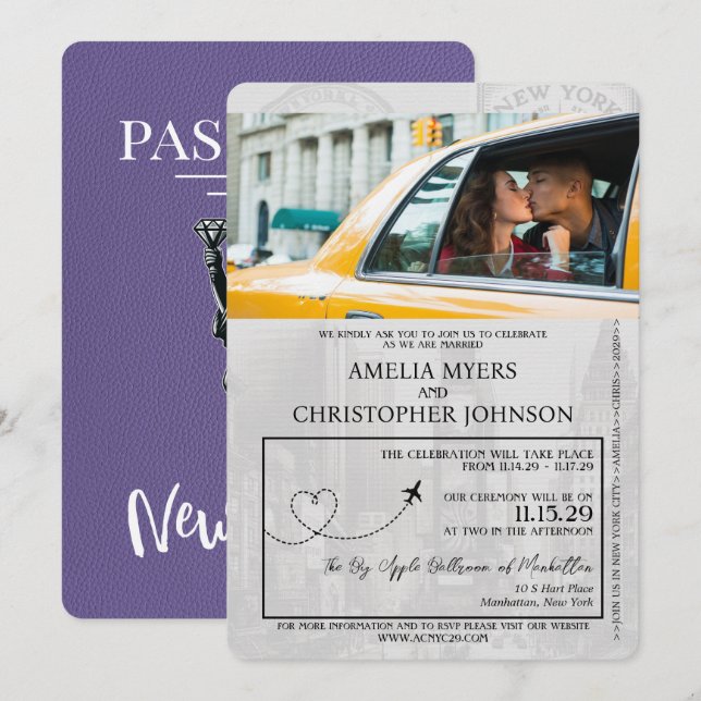 Lilac Purple New York City Passport Wedding Invitation (Front/Back)
