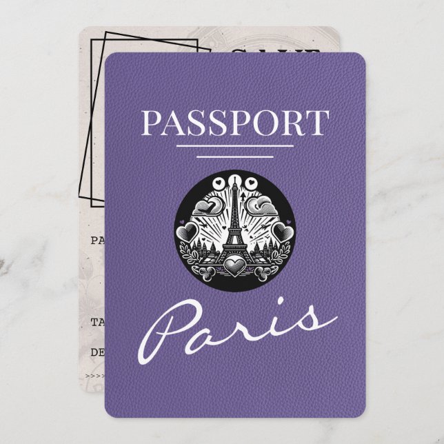 Lilac Purple Paris Passport Save The Date (Front/Back)