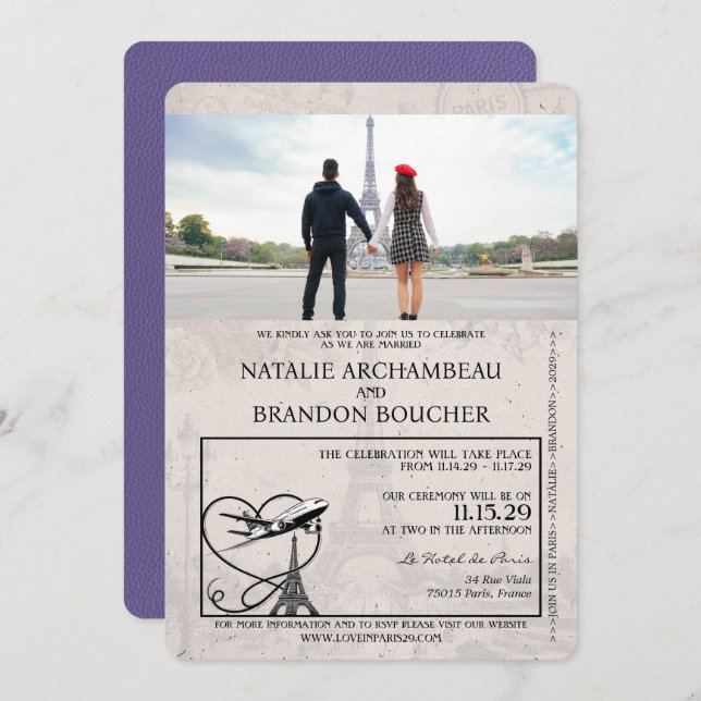 Lilac Purple Paris Passport Wedding Invitation (Front/Back)