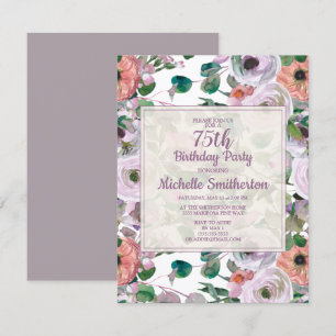 Lilac Purple Pink Watercolor Floral 75th Birthday Invitation