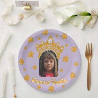 Lilac Purple Princess Crown Floral Photo Birthday Paper Plate