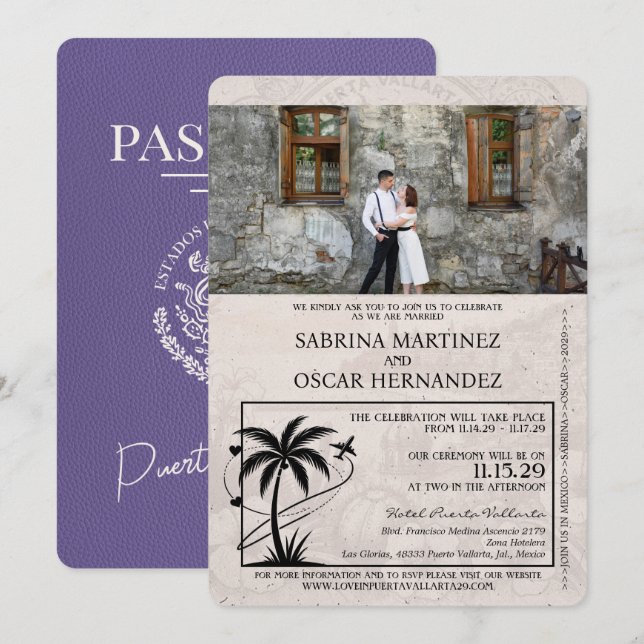 Lilac Purple Puerta Vallarta Passport Wedding Invitation (Front/Back)