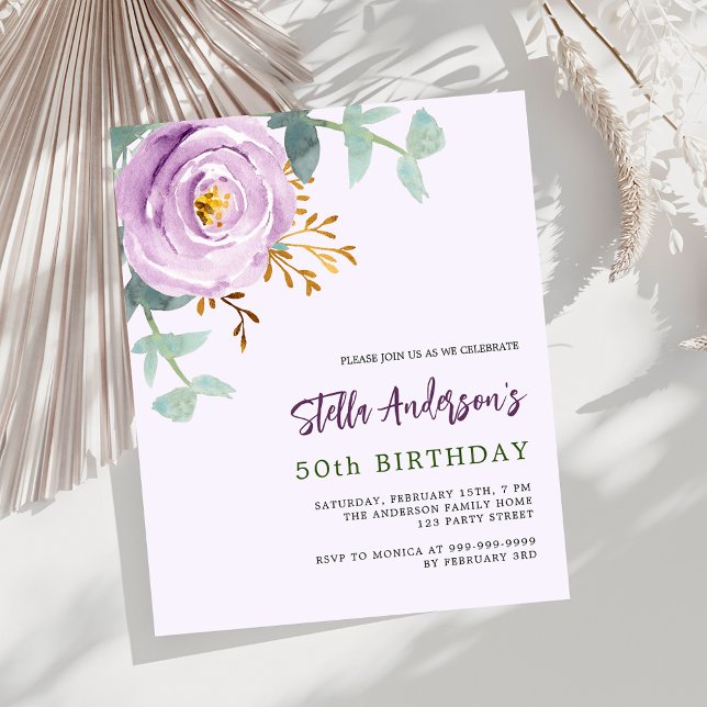 Lilac purple rose budget birthday invitation (Creator Uploaded)
