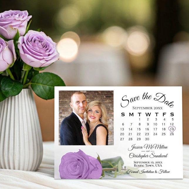 Lilac Purple Rose Elegant Wedding Calendar & Photo Save The Date (Creator Uploaded)