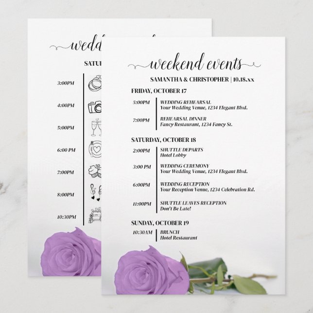 Lilac Purple Rose Fancy Wedding Events & Timeline Program (Front/Back)