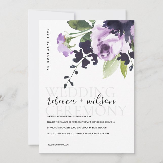 LILAC PURPLE ROSE FLORAL BUNCH WATERCOLOR WEDDING (Front)