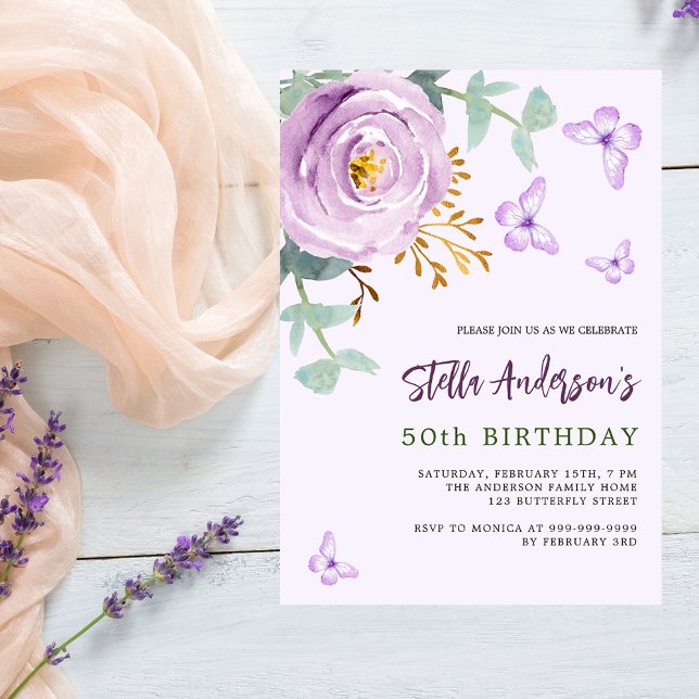Lilac purple rose floral butterfly birthday invitation (Creator Uploaded)