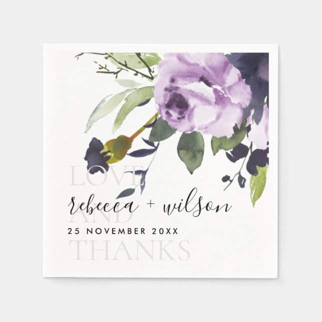 LILAC PURPLE ROSE FLORAL LOVE AND THANKS WEDDING NAPKIN (Front)