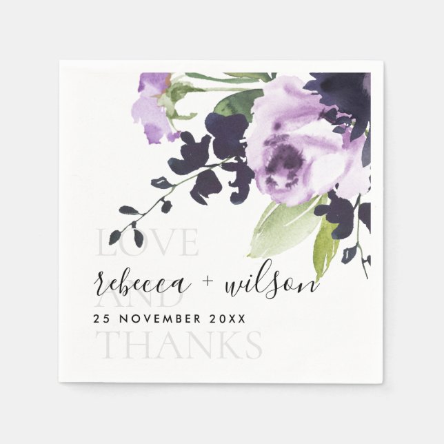 LILAC PURPLE ROSE FLORAL LOVE AND THANKS WEDDING NAPKIN (Front)