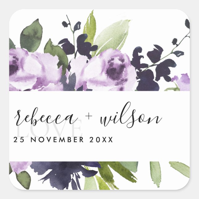 LILAC PURPLE ROSE PEONY FLORAL BUNCH LOVE  WEDDING SQUARE STICKER (Front)