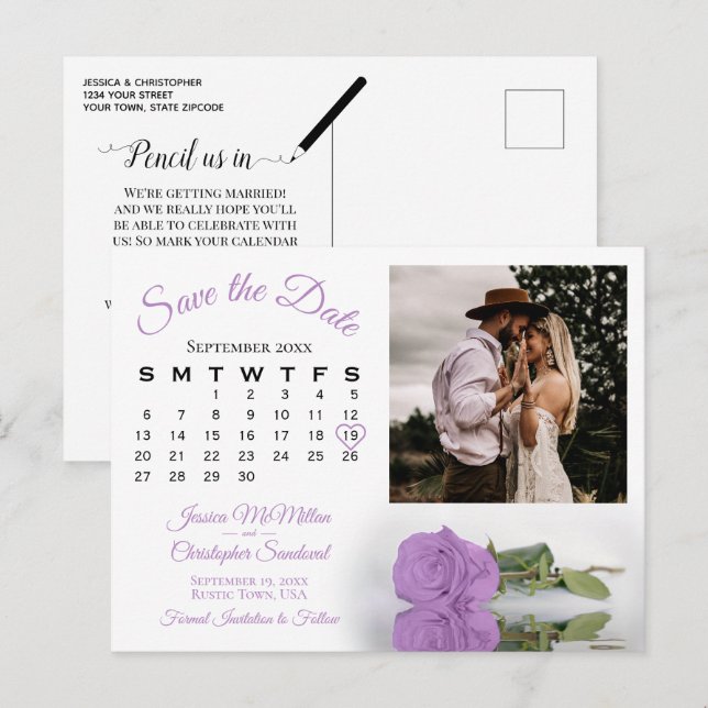 Lilac Purple Rose Photo & Calendar Save the Date  Announcement Postcard (Front/Back)