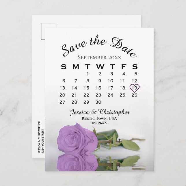 Lilac Purple Rose Wedding Calendar Save the Date Announcement Postcard (Front/Back)