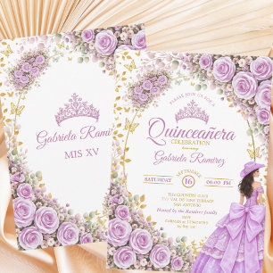 Lilac Purple Roses Golden Butterfly Quinceañera Invitation