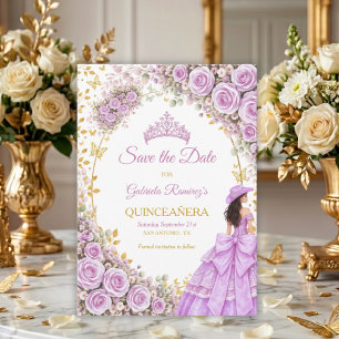 Lilac Purple Roses Golden Butterfly Quinceañera Save The Date