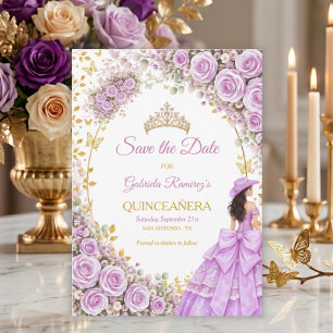 Lilac Purple Roses Golden Butterfly Quinceañera Save The Date