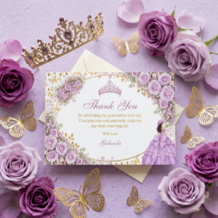 Lilac Purple Roses Golden Butterfly Quinceañera Thank You Card