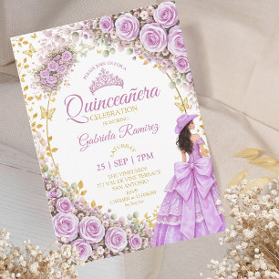 Lilac Purple Roses Golden Western Quinceañera Invitation