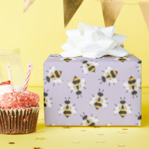Lilac Purple Rustic Illustrated Bumble Bee Wrapping Paper