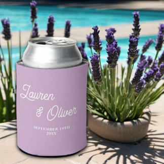 Lilac Purple Script Minimalist Wedding Can Cooler