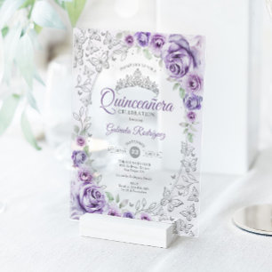 Lilac Purple Silver Floral Quinceanera Acrylic Invitations