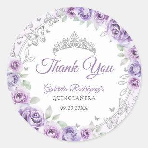 Lilac Purple Silver Floral Quinceanera Classic Round Sticker