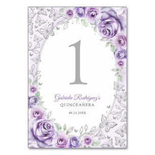 Lilac Purple Silver Floral Quinceanera Table Number