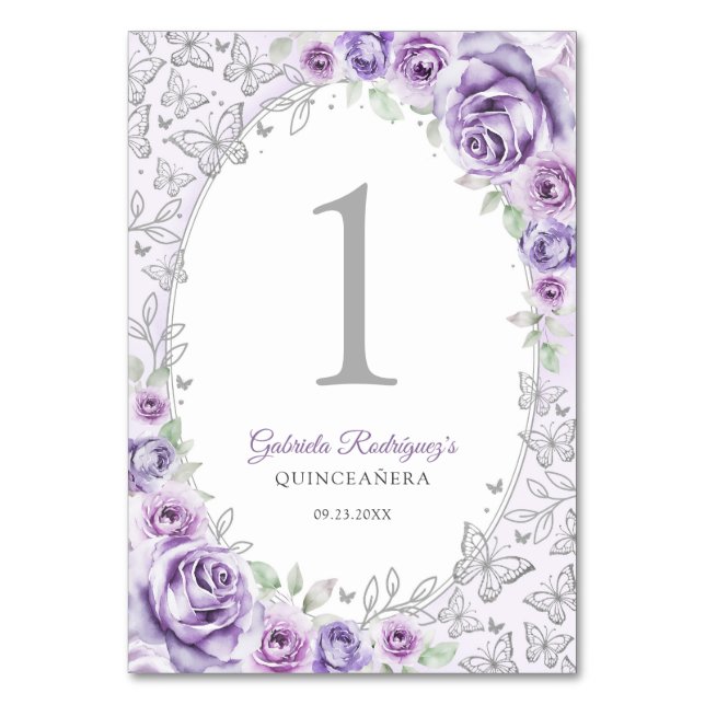 Lilac Purple Silver Floral Quinceanera Table Number (Front)