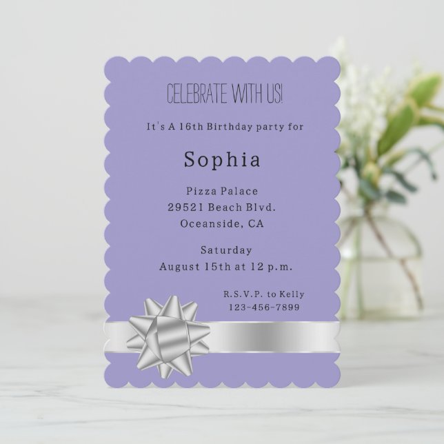 Lilac Purple Silver Glam Ribbon and Bow Birthday Invitation (Standing Front)