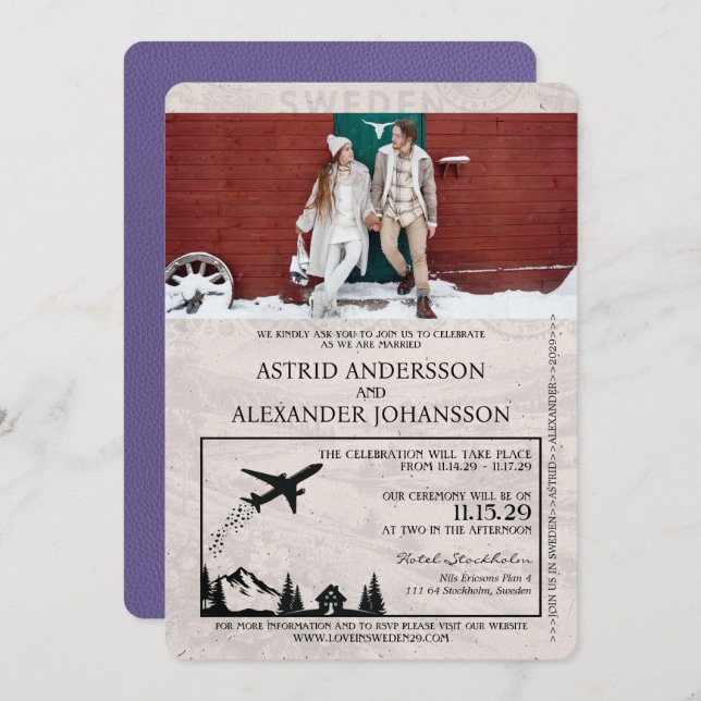 Lilac Purple Sweden Passport Wedding Invitation (Front/Back)