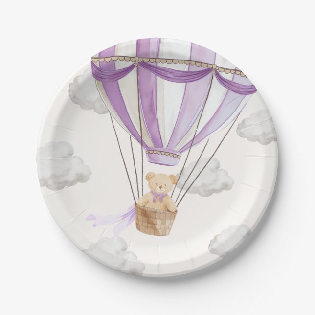 Lilac Purple Teddy Bear Hot Air Balloon Paper Plate (Front)