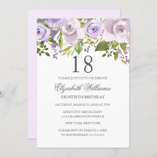 Lilac Purple Watercolor Floral 18th Birthday Invitation