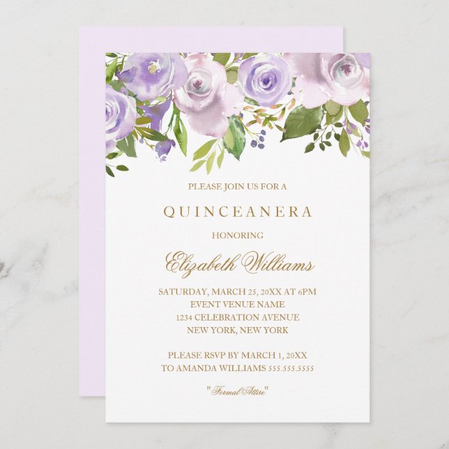 Lilac Purple Watercolor Floral Quinceanera Invite (Front/Back)