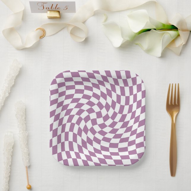 Lilac Purple Wedding Collection Check Chequered  Paper Plate (Wedding)