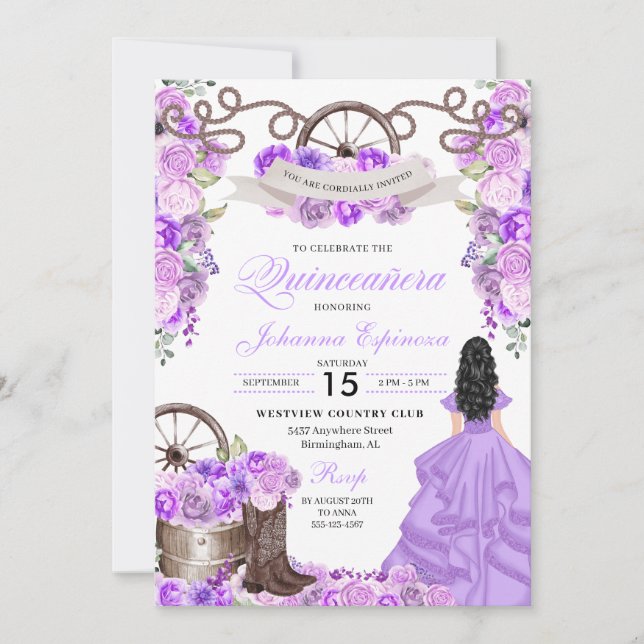 Lilac Purple Western Ranchero Quinceanera Invitation (Front)