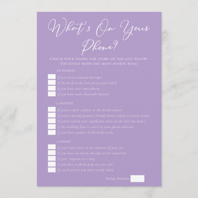 Lilac Purple What's On Your Phone Bridal Shower Card (Front)