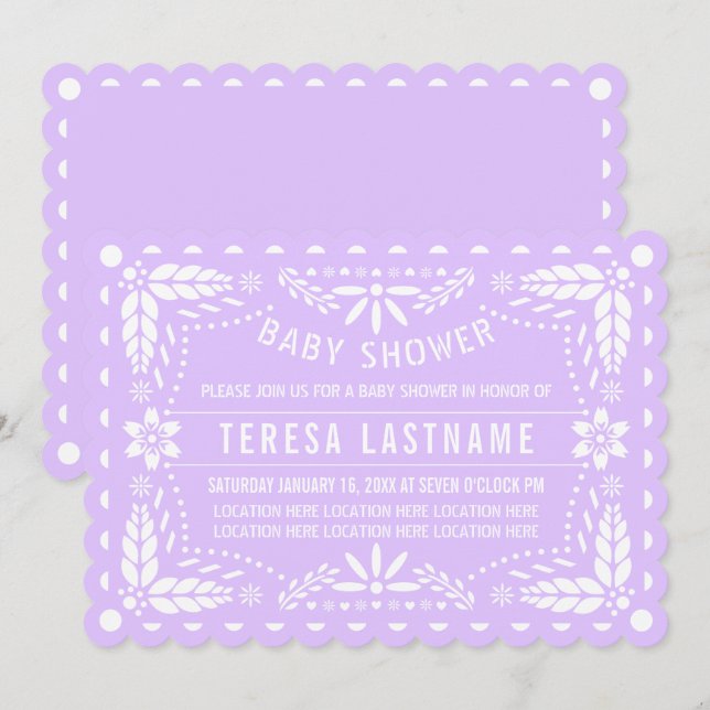 Lilac purple, white papel picado baby girl shower invitation (Front/Back)