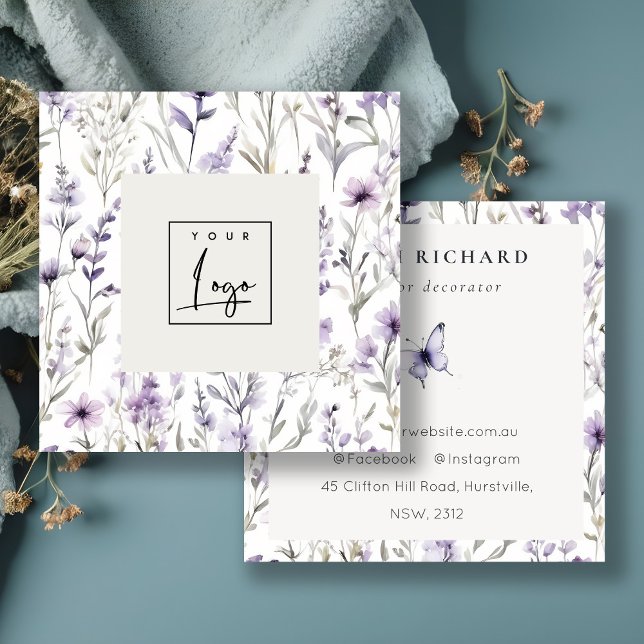 Lilac Purple Wildflower Butterfly Watercolor Logo Square Business Card (Creator Uploaded)
