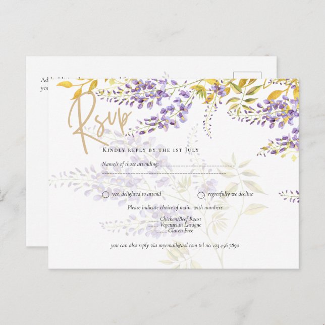 Lilac Purple Wisteria Gold Wedding RSVP  Postcard (Front/Back)