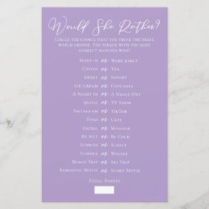 Lilac Purple Would She Rather Bridal Shower Game