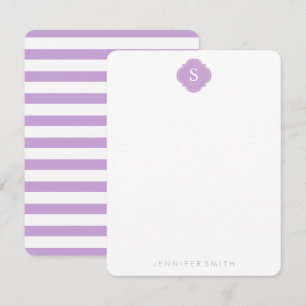 Lilac Quatrefoil Monogram and Stripes Note Cards