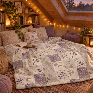 Lilac Quilt Patchwork Gingham Cottagecore Floral Fleece Blanket