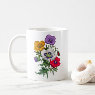 Lilac Red White Yellow Poppies & Green Leaves Coffee Mug