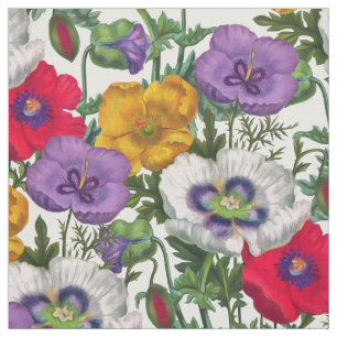 Lilac Red White Yellow Poppies & Green Leaves Fabric