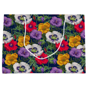 Lilac Red White Yellow Poppies & Green Leaves Large Gift Bag